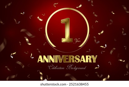 1st anniversary celebration abstract dark red background and gold ribbons,gold 1 number vector illustration anniversary celebration concept digital advertising banner,poster and card design.