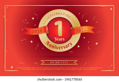 1st Anniversary celebration. Celebrating 1 years logo with confetti in Red Background. Golden number 1 with sparkling confetti. 