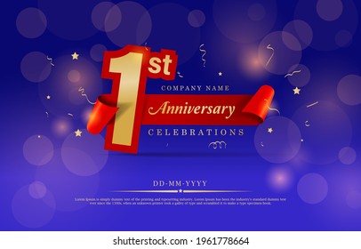 1st Anniversary celebration. Celebrating 1 years logo with confetti in Blue Background. Golden number 1 with sparkling confetti. 