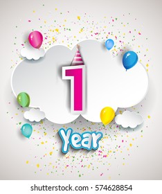 1st Anniversary Celebration Design, with clouds and balloons, confetti. Vector template elements for your, one year birthday celebration party.