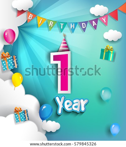1st Anniversary Celebration Design, with clouds and balloons. using Paper Art Design Style, Vector template elements for your, one year birthday celebration party.