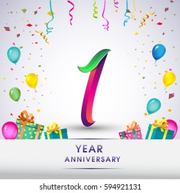 1st Anniversary Celebration Design, with gift box, balloons and confetti, Colorful Vector template elements for your, one years birthday celebration party.