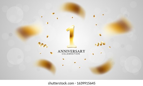1st anniversary celebration with gold color and white background bokeh effects and sparkling confetti. modern elegant design can be used for a wedding or company. editable vector EPS 10