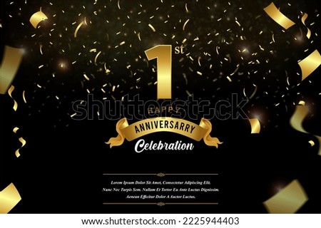 1st anniversary celebration Gold numbers with dotted halftone, shadow and sparkling confetti. modern elegant design with black background. for wedding party event decoration.