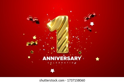 1st Anniversary celebration. Golden number 1 with sparkling confetti, stars, glitters and streamer ribbons. Vector festive illustration. Realistic 3d sign. Birthday or wedding party event decoration