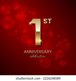 1st Anniversary Celebration. Golden number 1 with sparkling confetti and glitter for celebration events, wedding, invitation, greeting card. Vector illustration EPS10