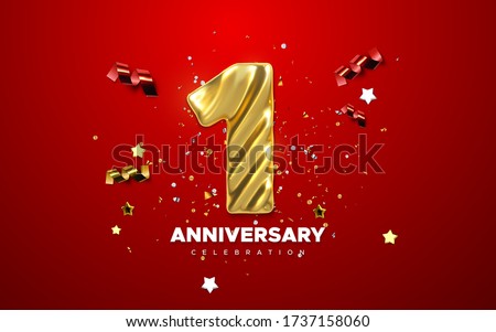 1st Anniversary celebration. Golden number 1 with sparkling confetti, stars, glitters and streamer ribbons. Vector festive illustration. Realistic 3d sign. Birthday or wedding party event decoration