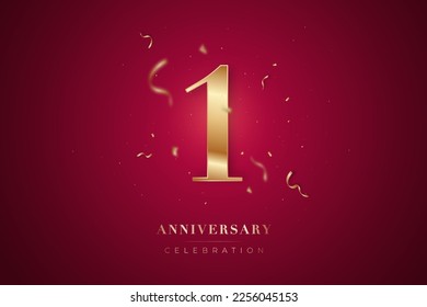 1st Anniversary celebration greeting card. Golden metallic Number 1 with sparkling confetti on red background. Design template for birthday or wedding party event decoration.