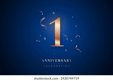 1st Anniversary celebration greeting card. Rose Gold metallic Number 1 with sparkling confetti on dark blue background. Design template for birthday or wedding party event decoration.