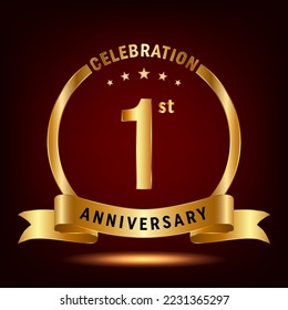 1st Anniversary Celebration. Anniversary Celebration Logo Design with Golden Ring and Ribbon, Vector Template Illustration