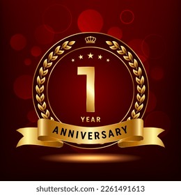 1st Anniversary Celebration. Anniversary logo design with golden color laurel wreath for birthday celebration event, invitation, greeting card, banner, poster, flyer, flyer. Logo Vector Template