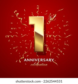 1st Anniversary Celebration. logo design with golden numbers and text for birthday celebration event, invitation, wedding, greeting card, banner, poster, flyer, brochure. Logo Vector Template