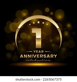 1st Anniversary Celebration. Logo design with golden ring and text for anniversary celebration event, invitation, wedding, greeting card, banner, poster, flyer, brochure. Logo Vector Template