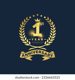 1st anniversary celebration logo design with decorative ribbon or banner. 1st-year anniversary celebration logo concept 