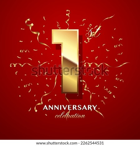 1st Anniversary Celebration. logo design with golden numbers and text for birthday celebration event, invitation, wedding, greeting card, banner, poster, flyer, brochure. Logo Vector Template