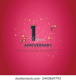 1st Anniversary celebration, anniversary logotype, 1 Anniversary celebration, Realistic 3d sign, stars, festive illustration, Pink background with Dark Blue number 1,2