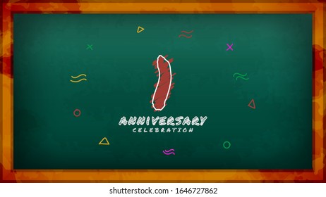 1st Anniversary Celebration. Messy Chalk Number With Frame And Geometric Decoration On Green Chalkboard Background. Old School Style Design Vector EPS 10. Can Be Used For Company Or Wedding.