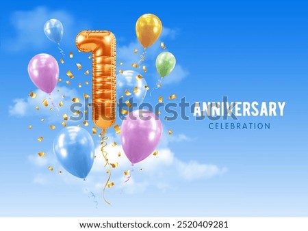 1st Anniversary celebration. Number 1 in the form of golden balloon. 3D realistic golden numeral two, confetti, blue sky background. Template for birthday, other special event. Vector illustration
