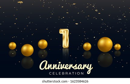 1st Anniversary celebration Vector background by using two colors in the design between gold and red, Golden number 11 with Realistic 3d sign & gold Sphere for Birthday or wedding party 