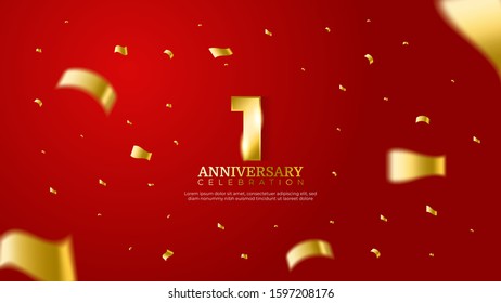 1st anniversary celebration vector red background. Golden numbers with shadow and sparkling confetti modern and elegant design for wedding party event decoration. Editable vector EPS 10