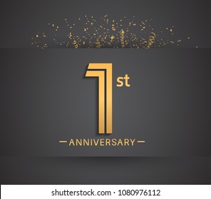 1st anniversary design for company celebration event with golden multiple line and confetti isolated on dark background 