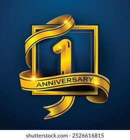 Diseño del primer aniversario de una cinta dorada envuelta alrededor del número '1' sobre un fondo azul oscuro. Perfecto para celebrar hitos o promover eventos de aniversario con un lujo.