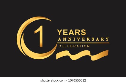 1st anniversary design logotype golden color with ring and gold ribbon for anniversary celebration