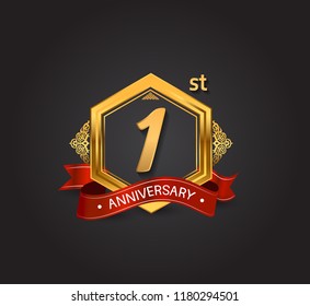 1st anniversary design logotype style with golden hexagon, ornament and red ribbon for use in celebration event.