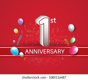 1st anniversary design red background with balloons and confetti for company celebration event 