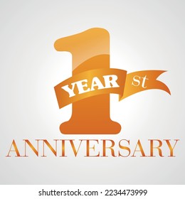 1st anniversary design vector, 1 year anniversary vector banner template. First jubilee with red ribbon and confetti on white background