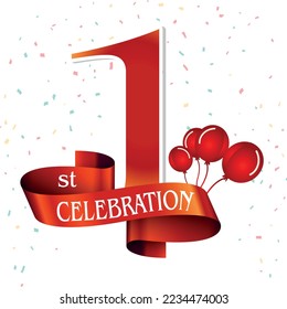 1st anniversary design vector, 1 year anniversary vector banner template. First jubilee with red ribbon and confetti on white background