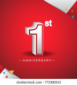 1st anniversary design with white number  on red background and confetti for celebration