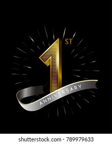 1st Anniversary fireworks and ahiny ribbon. gold anniversary logo on black background