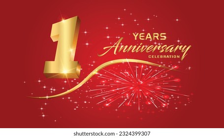 1st Anniversary fireworks and celebration background.Golden 3D lettering and a gold ribbon on dark red background,vector design for celebration, invitation card, and greeting card.