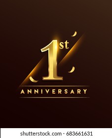 1st anniversary glowing logotype with confetti golden colored isolated on dark background, vector design for greeting card and invitation card.
