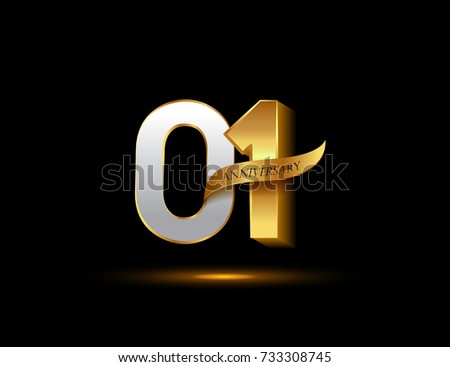 1st anniversary glowing logotype with ribbon golden colored isolated on dark background, vector design for greeting card and invitation card.