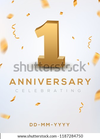 1st Anniversary gold numbers with golden confetti. Celebration 1 anniversary event party template