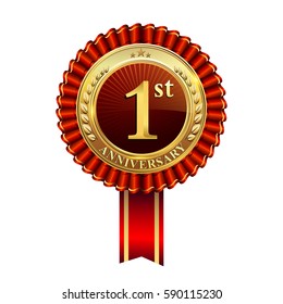 1st anniversary golden badge with red ribbons isolated on white background, vector design for greeting card, banner and invitation card.