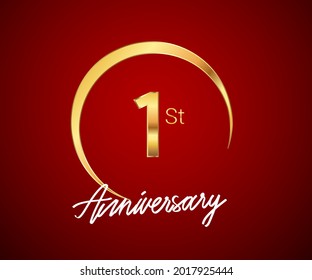 1st anniversary golden color with circle ring isolated on red background for anniversary celebration event.
