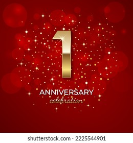 1st Anniversary. Golden number 1 with sparkling confetti and glitters for celebration events, weddings, invitations and greeting cards. Realistic 3d sign. Vector festive illustration