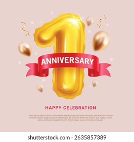 1st anniversary invitation card clipart design. Anniversary greeting with number 1 metallic gold inflatable balloon element clip art for happy celebration template vector illustration.
