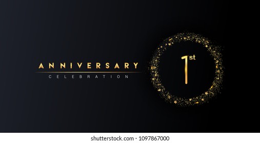 1st anniversary logo with confetti and golden glitter ring isolated on black background, vector design for greeting card and invitation card.