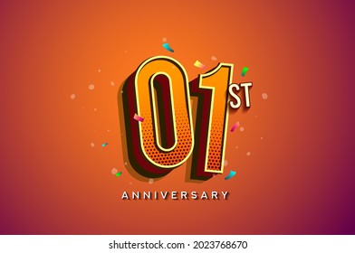 1st Anniversary Logo Design With Colorful Confetti, Birthday Greeting card with Colorful design elements for banner and invitation card of anniversary celebration.