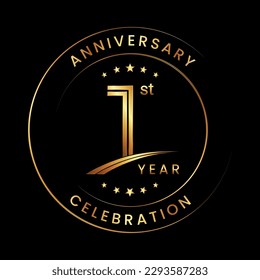 1st Anniversary. Anniversary logo design with gold color ring and text for anniversary celebration events. Logo Vector Template