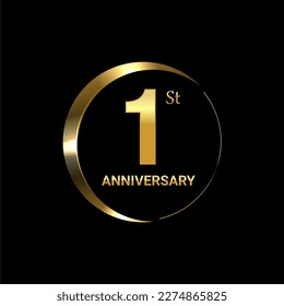 1st Anniversary logo design with golden number and text for anniversary celebration event, invitation, wedding, greeting card, banner, poster, flyer, brochure, book cover. Logo Vector Template