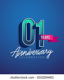 1st Anniversary Logo Design With Ribbon, Elegant Anniversary Logo With Blue Color, Design for banner and invitation card of anniversary celebration.
