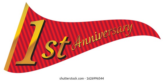1st anniversary logo design with triangular red flag, real illustration  fluttering in the wind