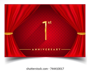 1st Anniversary Logo with Glowing Golden Colors Isolated on Realistic Red Curtain, Vector Design for Greeting Card, Poster and Invitation Card