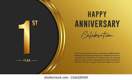 1st anniversary logo with gold color for booklets, leaflets, magazines, brochure posters, banners, web, invitations or greeting cards. Vector illustration.