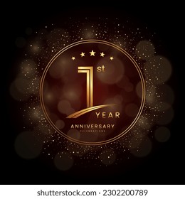 1st anniversary logo with gold double line style decorated with glitter and confetti Vector EPS 10